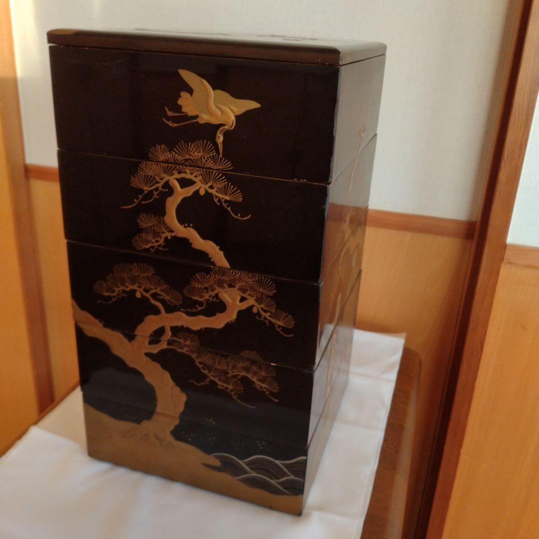 重箱5段 木製 漆器 松に鶴 翁と嫗 変え蓋付 木箱付 金彩 蒔絵 【送料込】
