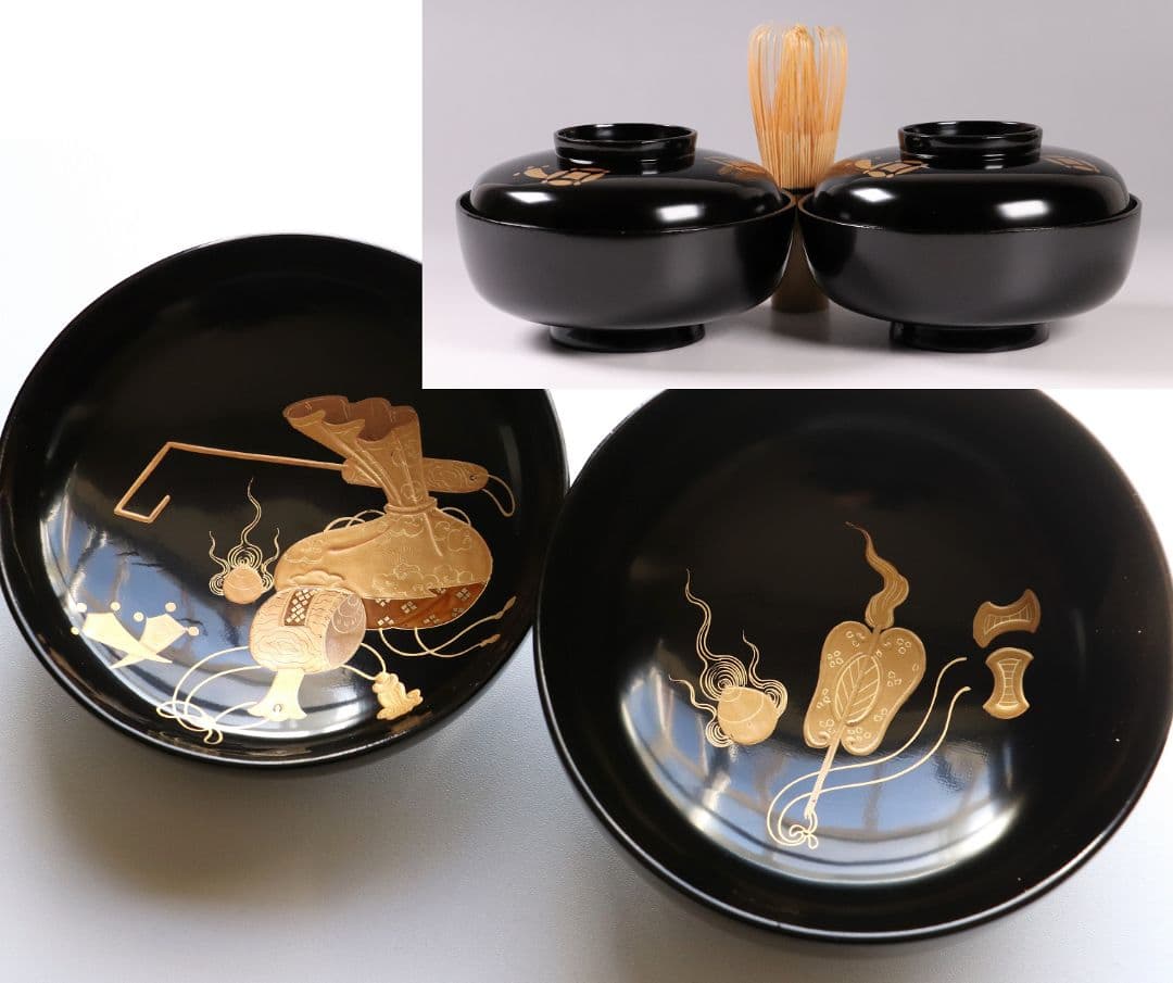 蒔絵宝尽くし黒塗吸物椀9客共箱