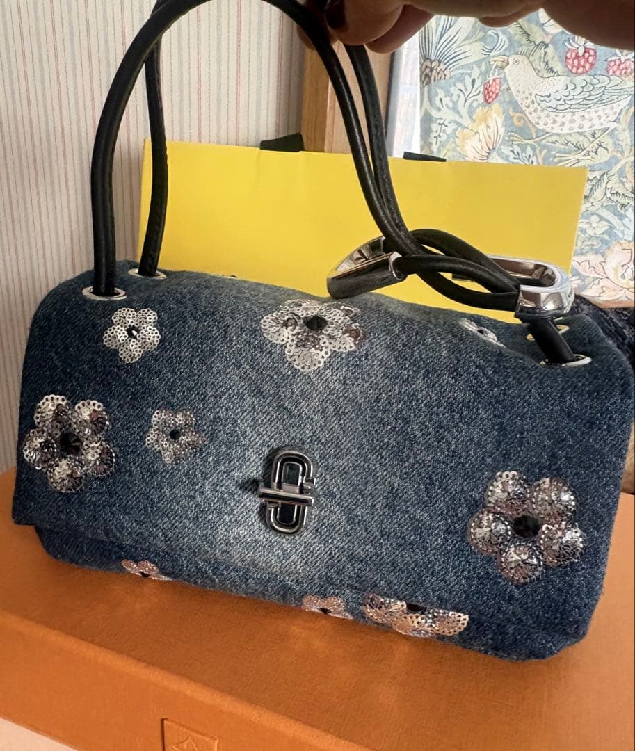 デニム花刺繍ボックス型ハンドバッグ