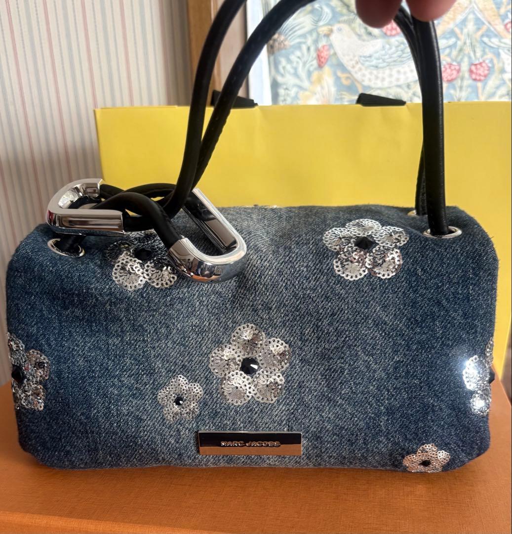 デニム花刺繍ボックス型ハンドバッグ