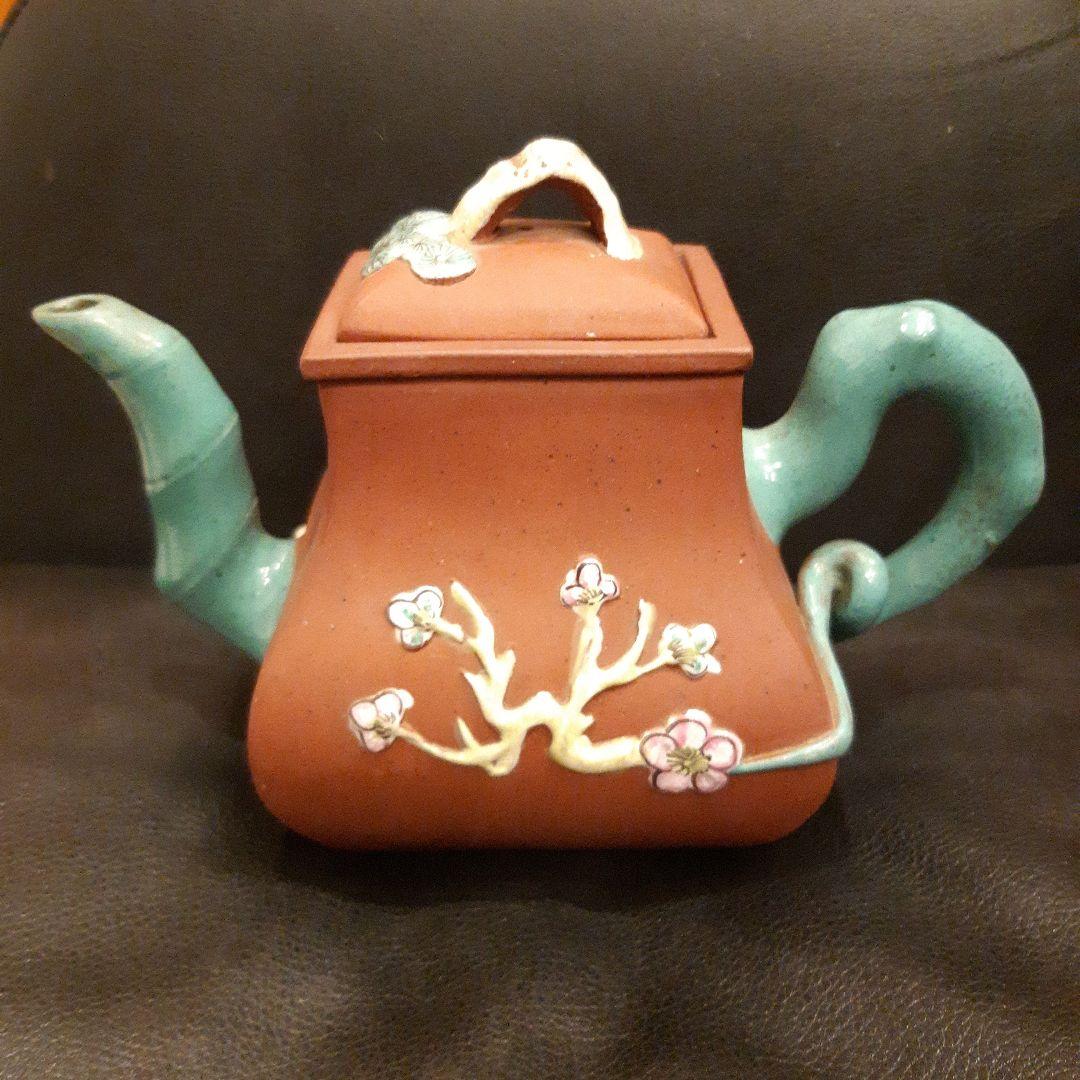 唐物 宜興紫砂 色絵花文 朱泥急須 単孔口 煎茶道具 ヴィンテージ