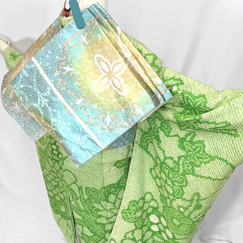 410aj37〇総絞り ジュニア振袖＆袋帯 十三参り 黄緑〇美品 - メルカリ