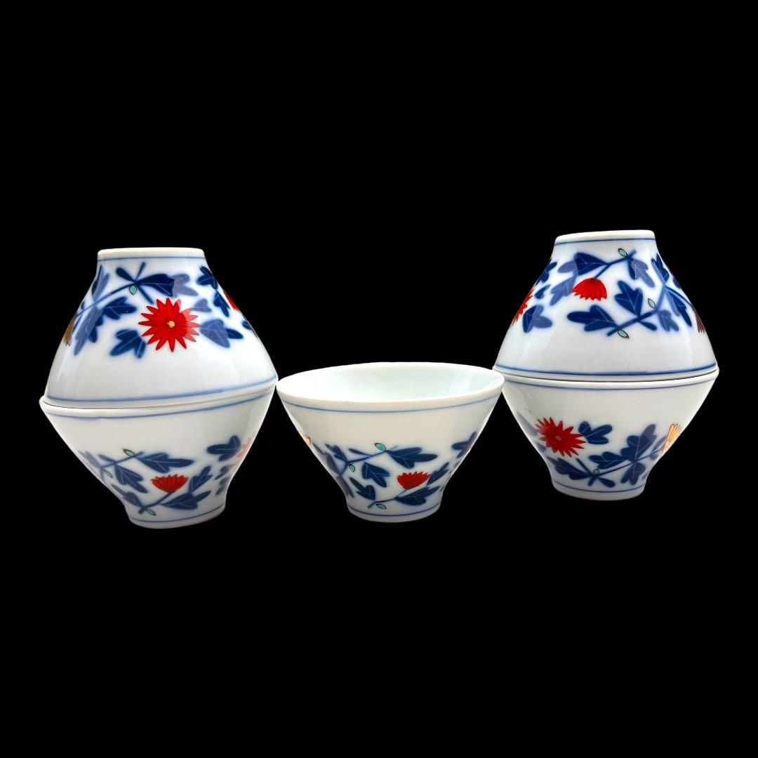 江後期～明治時代 豊楽燒 染付 金彩 菊花絵文　湯呑み5点　茶器　手書き　尾張