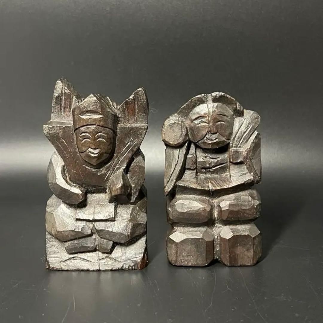 時代物 木彫 恵比寿大黒 一対｜縁起物 商売繁盛 福神 置物◎古道具庵々 大黒天 大黒様 恵比寿様 恵比寿天 15cm 商売繁盛 神棚 七福神 金運