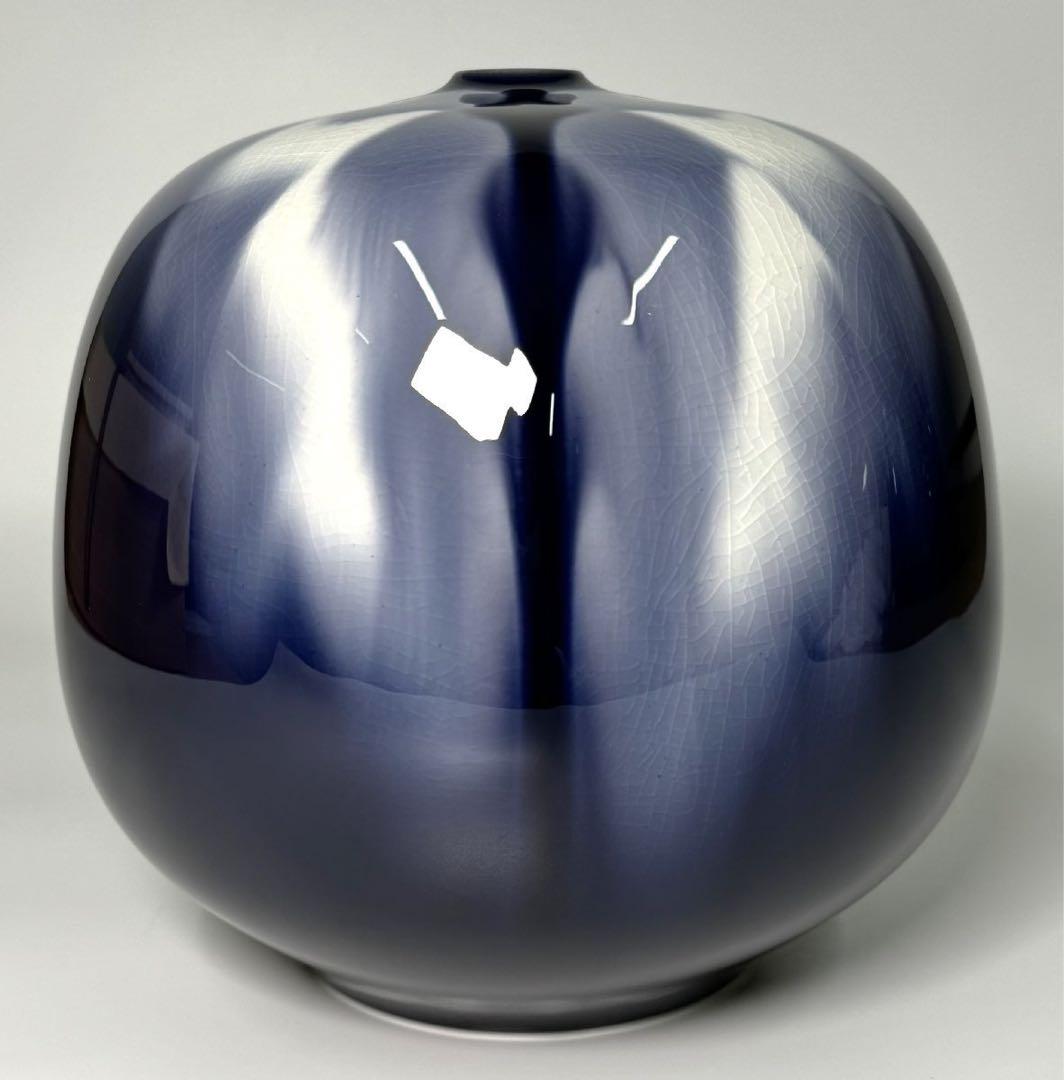 希少作【 四代 徳田八十吉 】作 藍華菱 花器 花入 花瓶 共箱 本物保証