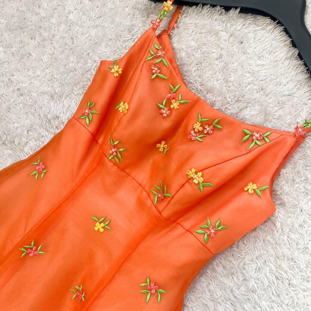 AIMER カラードレス カクテル 刺繍 花柄 フラワー　チュール オレンジ 9