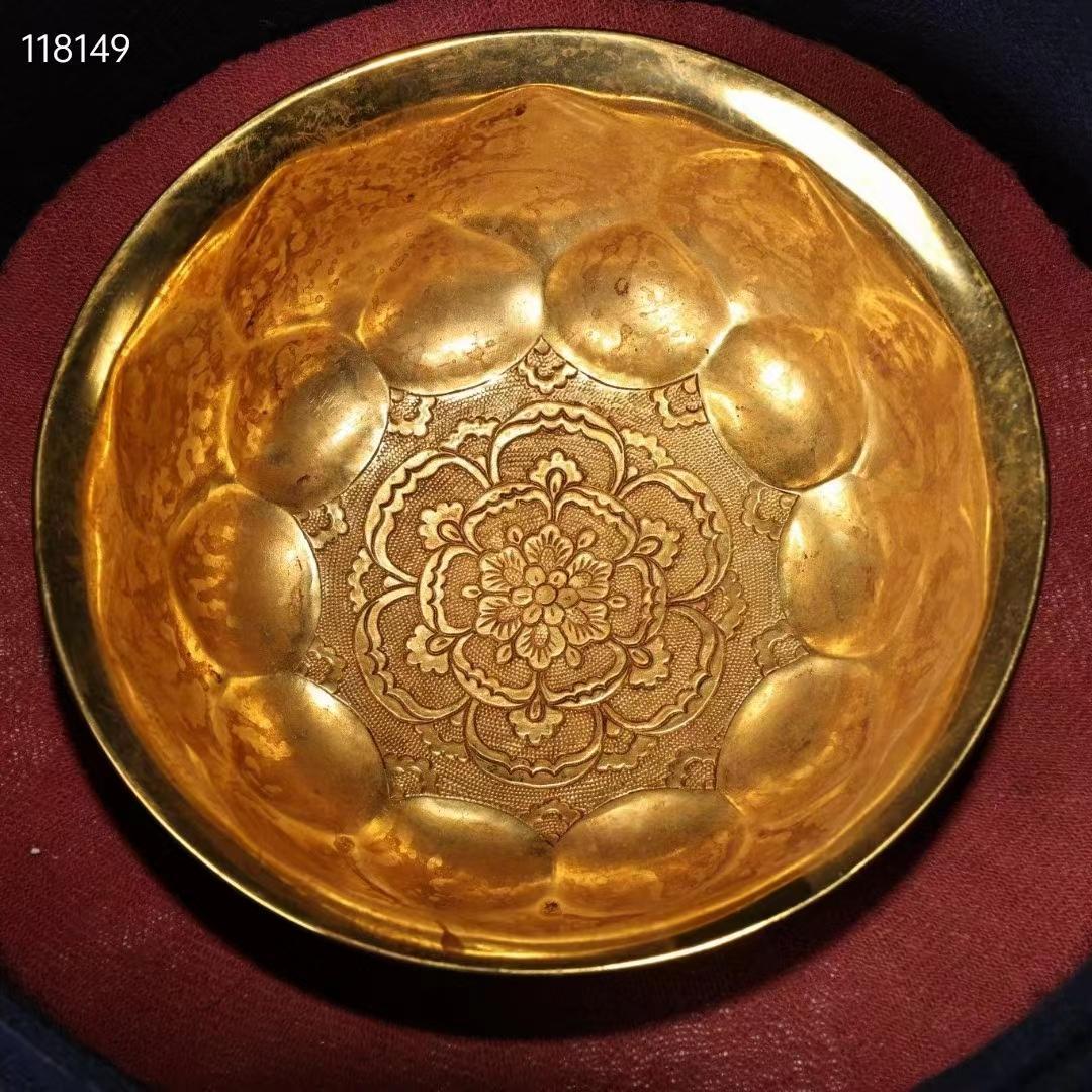 中国古美術・珍品古蔵・純銅制・高浮彫刻花鎏金碗・箱付・茶道具・置物