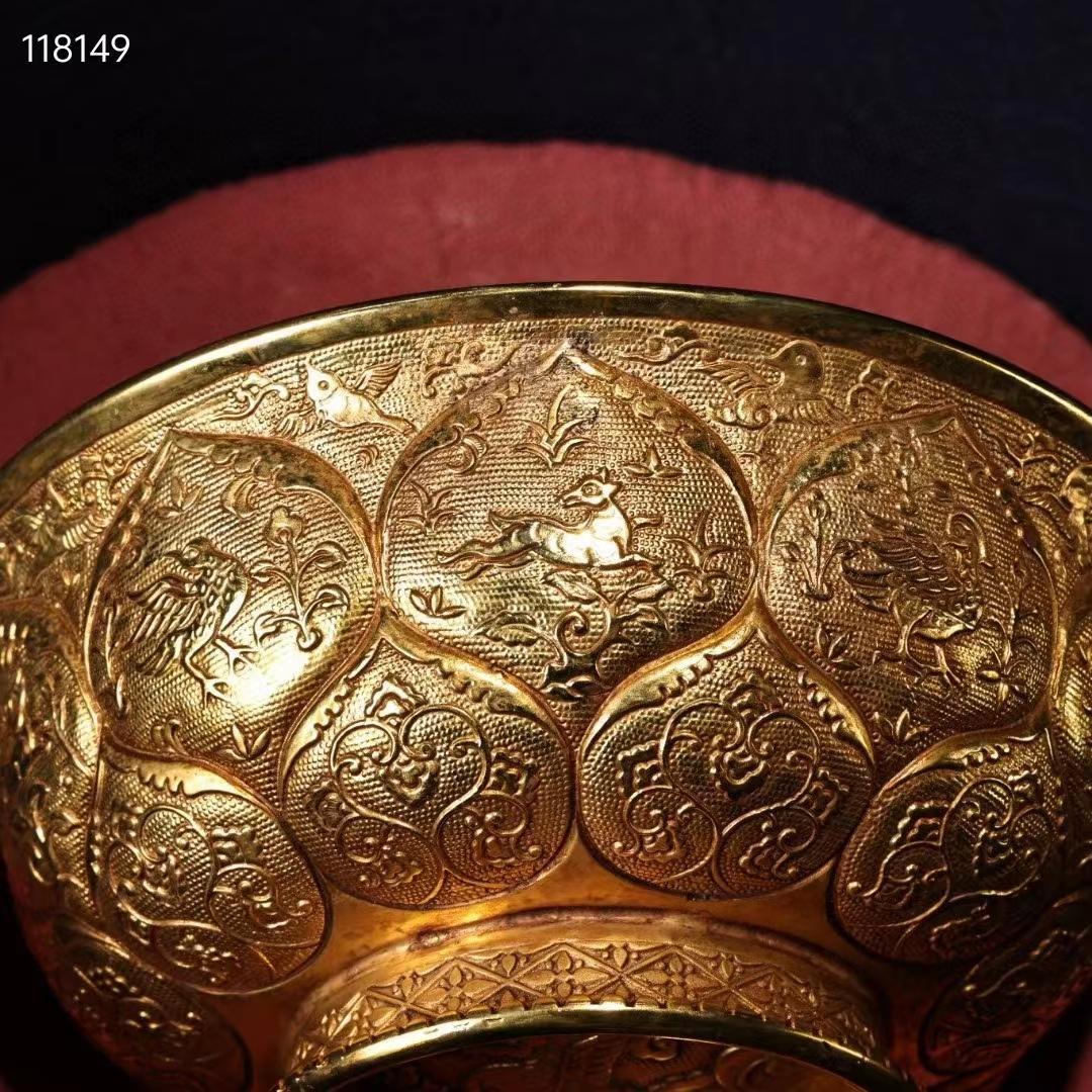 中国古美術・珍品古蔵・純銅制・高浮彫刻花鎏金碗・箱付・茶道具・置物