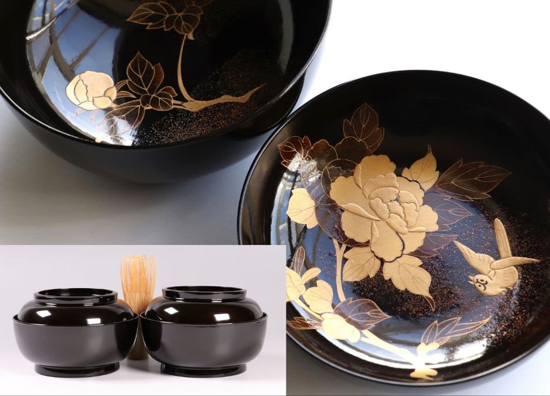 MA244 時代漆器 輪島塗 牡丹雀金蒔絵 梨地 黒塗椀 二客 木製 花鳥
