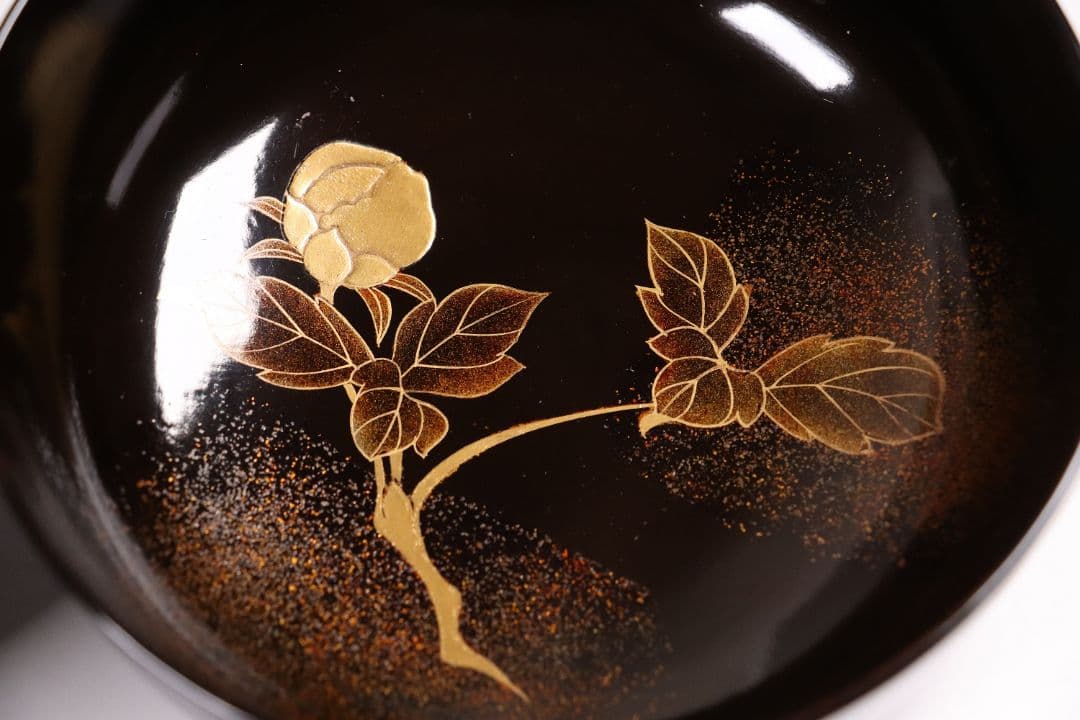 MA244 時代漆器 輪島塗 牡丹雀金蒔絵 梨地 黒塗椀 二客 木製 花鳥