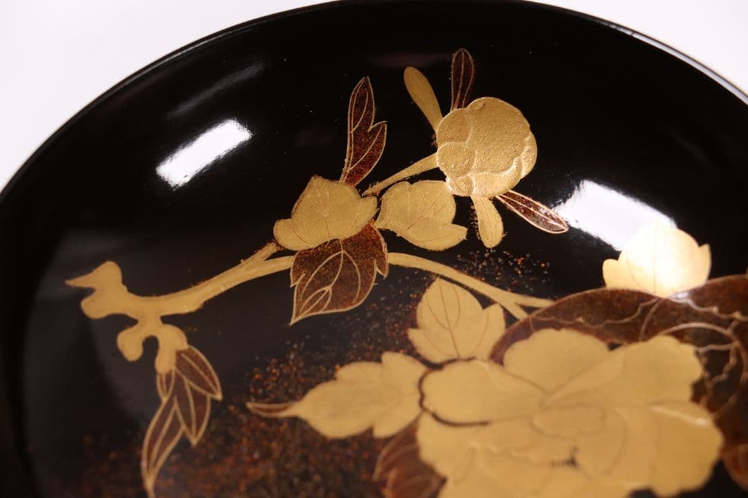 MA244 時代漆器 輪島塗 牡丹雀金蒔絵 梨地 黒塗椀 二客 木製 花鳥
