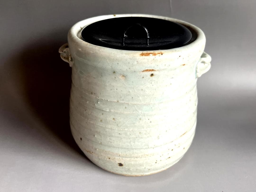 水指■古砥部手 佐恵作 耳付き 高知 秋沢 佐恵作 漆器蓋 時代物 骨董品■