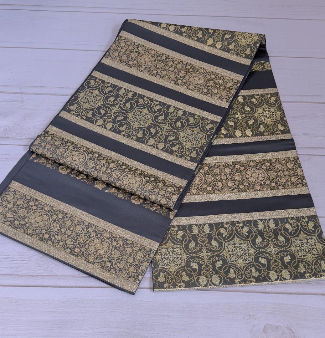 帯3箔清兵衛 草木染 正倉院間道裂織 袋帯 グレー系 未使用品 長さ