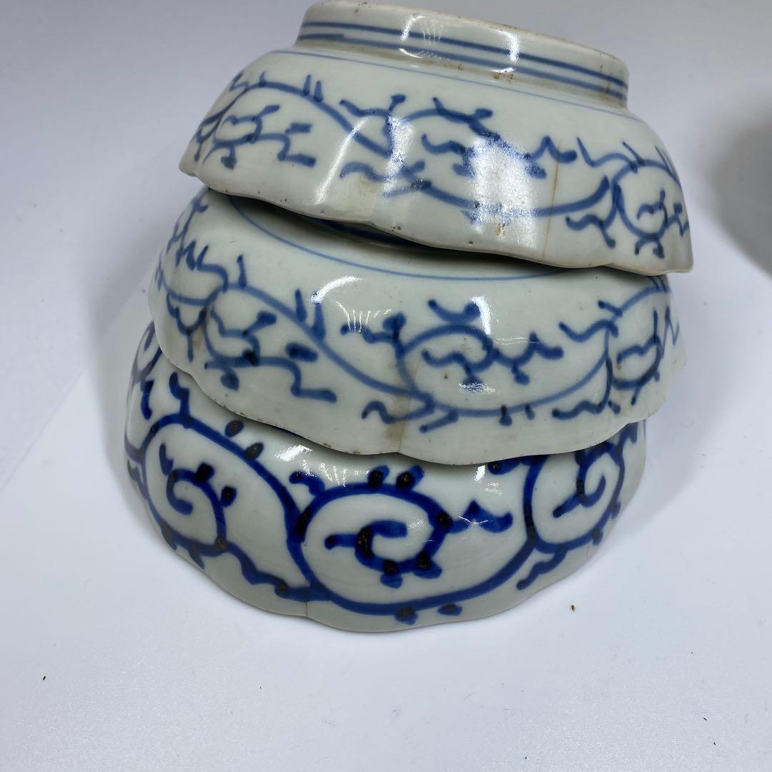 古伊万里 染付みじんこ膾皿16枚 木箱 幅14.8㎝東Y7-0314☆2Fトヒサ