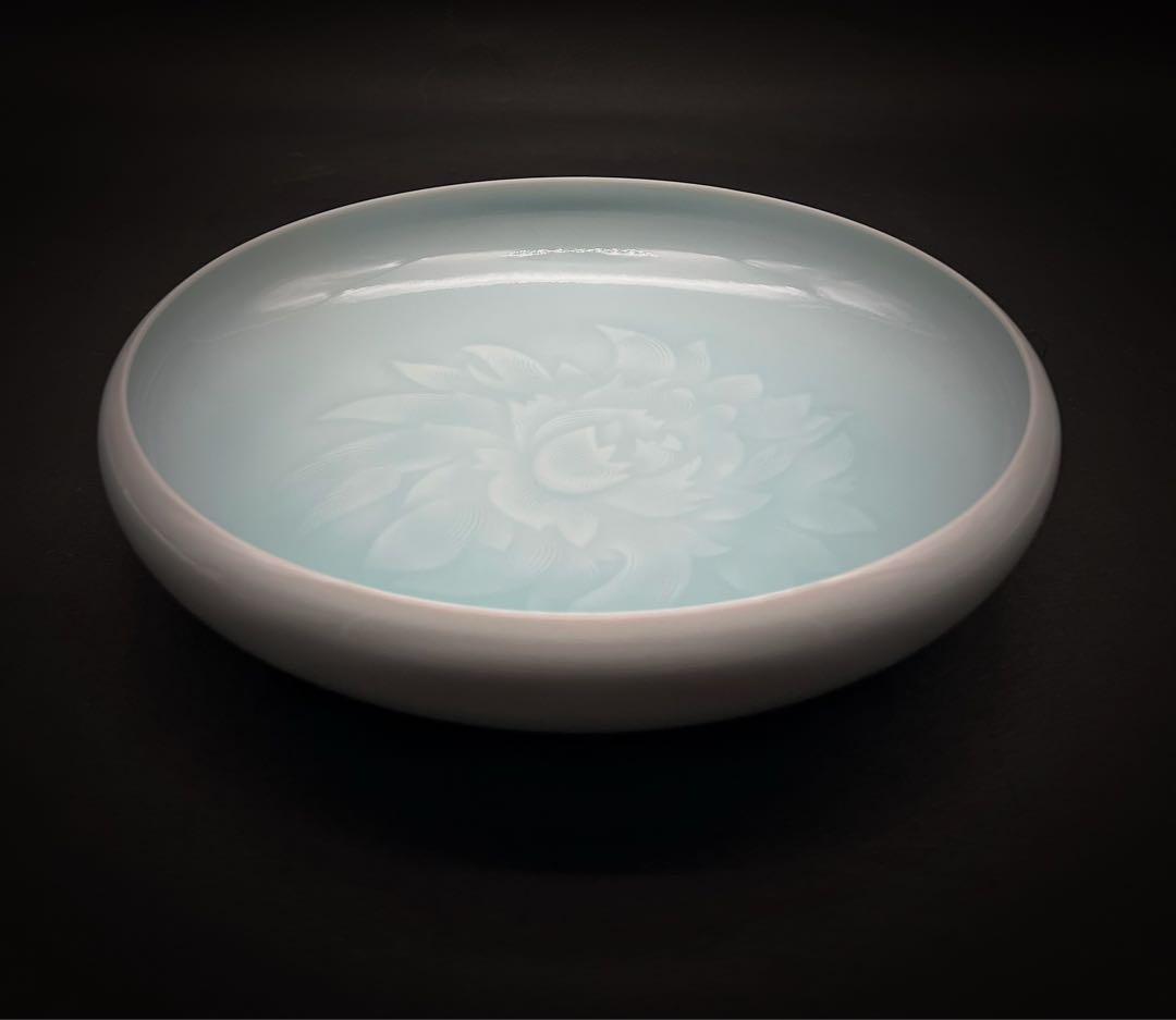 人間国宝 塚本快示 快山窯 青白磁牡丹文鉢 筆洗 水洗 木箱付き