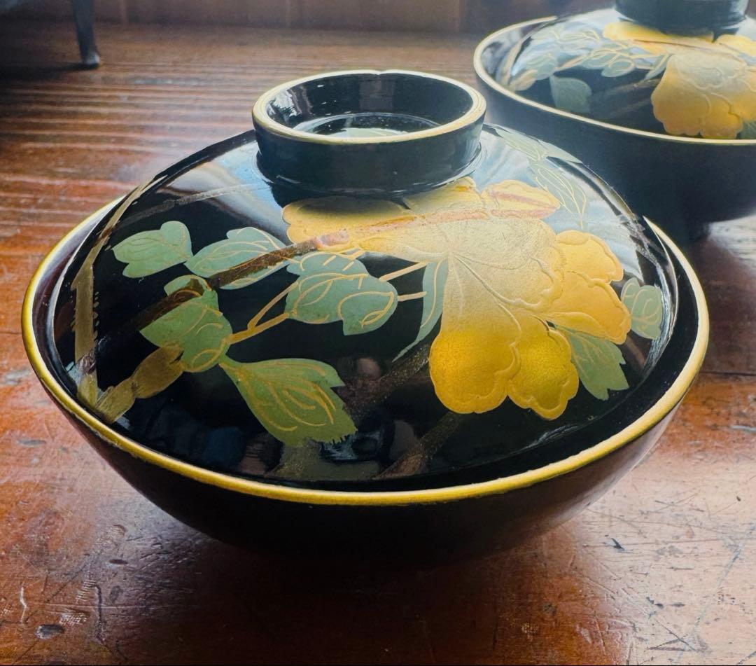 黒漆金彩花文溜塗吸物椀　お吸い物　　黒漆椀　木製椀3客セット　祝膳に　溜め塗り