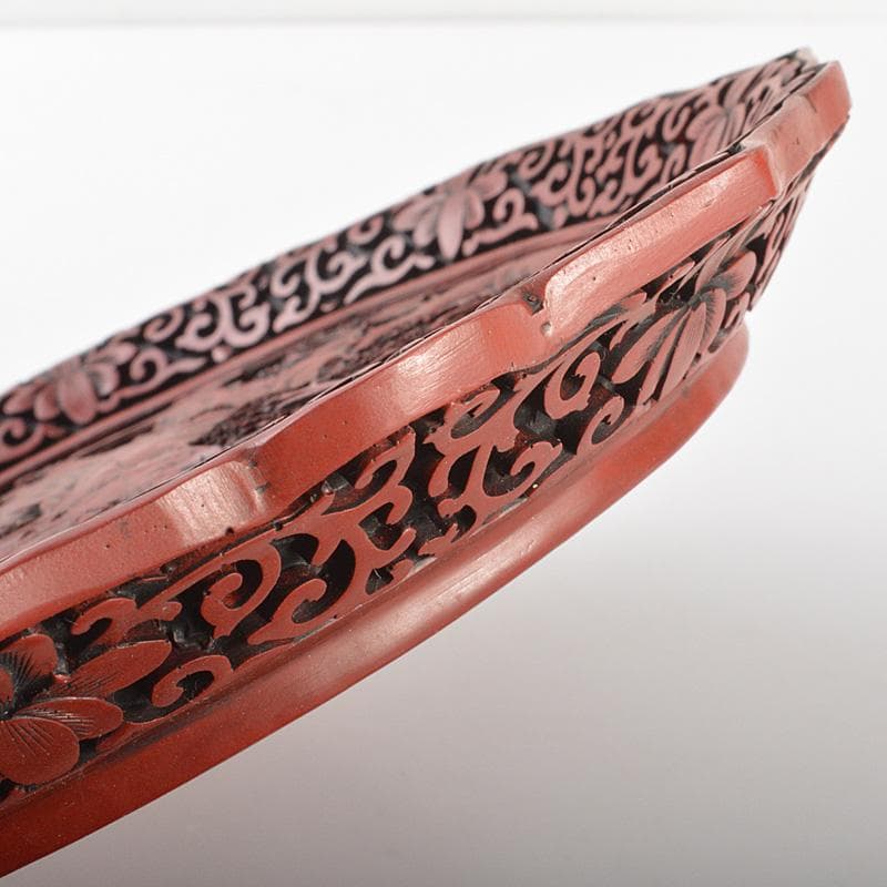 中国　剔紅　堆朱　楼閣山水人物文盤　輪花皿　M　R6804