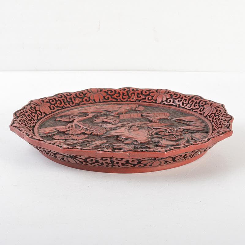 中国　剔紅　堆朱　楼閣山水人物文盤　輪花皿　M　R6804