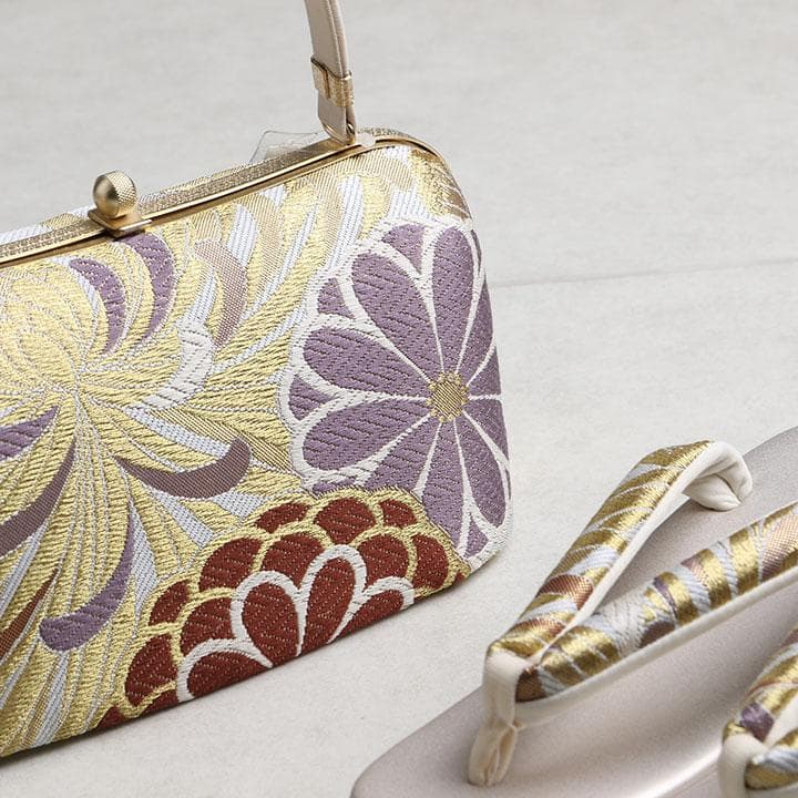 草履バッグセット　乱菊や草花柄　くすみ系　24cm 01671