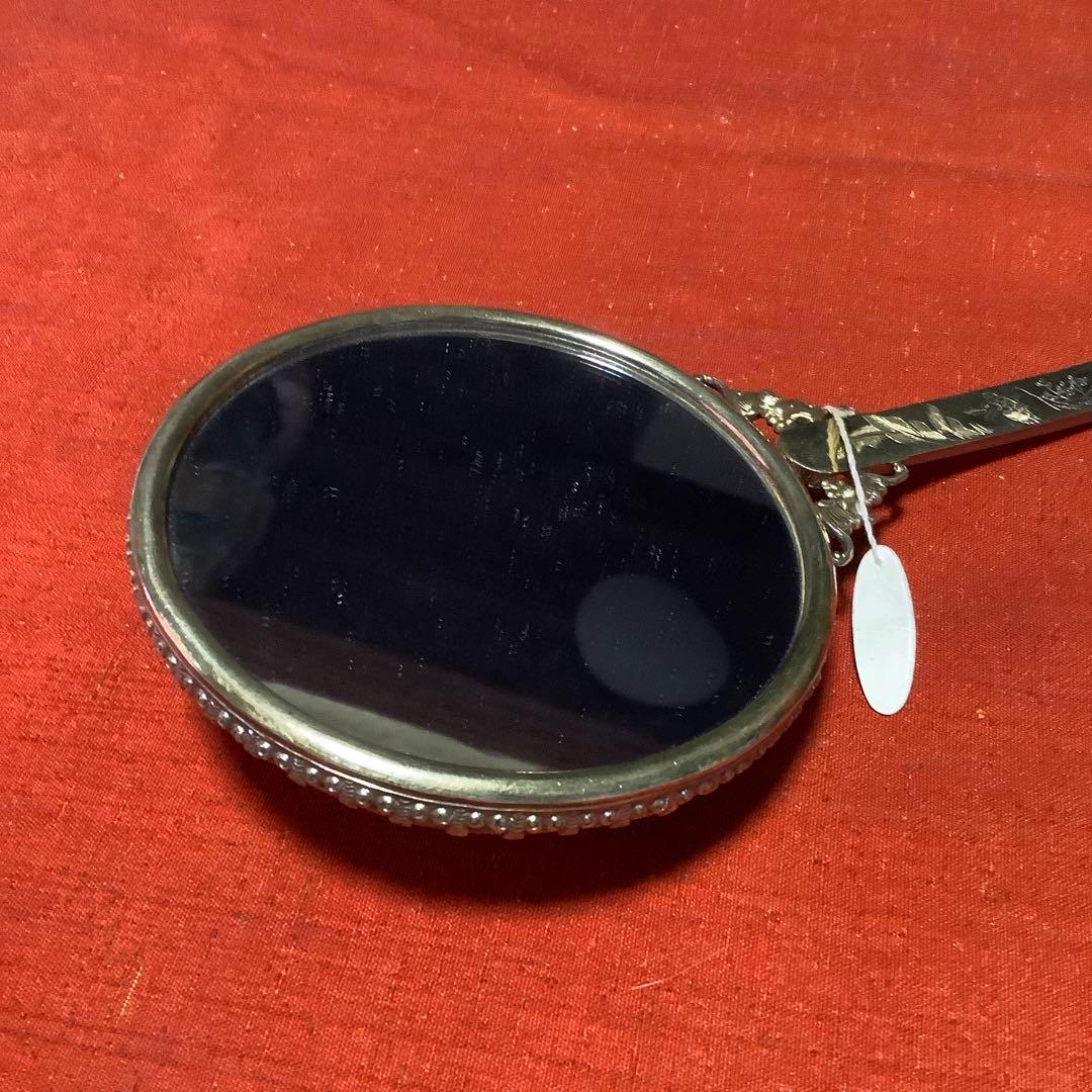 中国工芸品　翡翠彫刻の装飾手鏡(シルバー刻印)