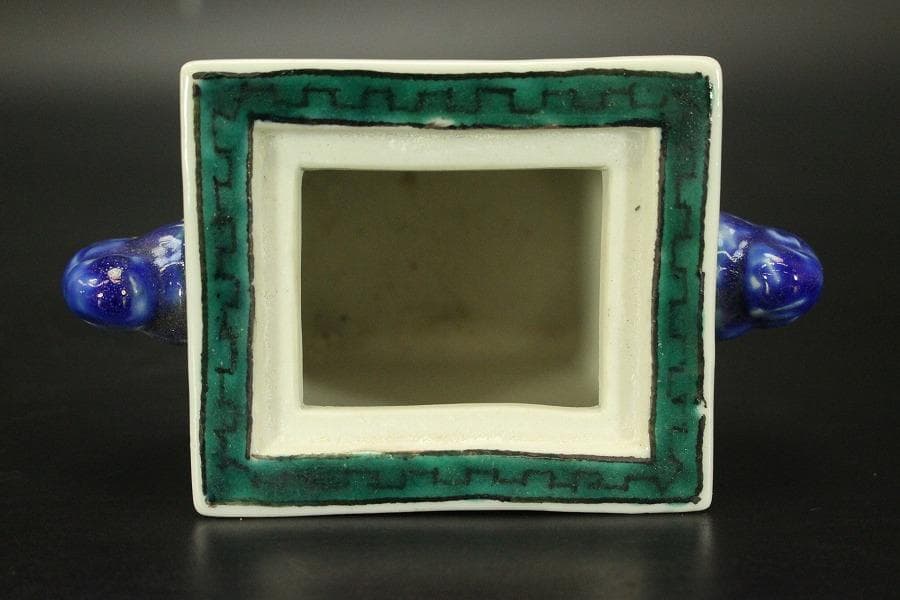 九谷焼 香炉 双耳 獅子蓋 木箱付(メ1491)