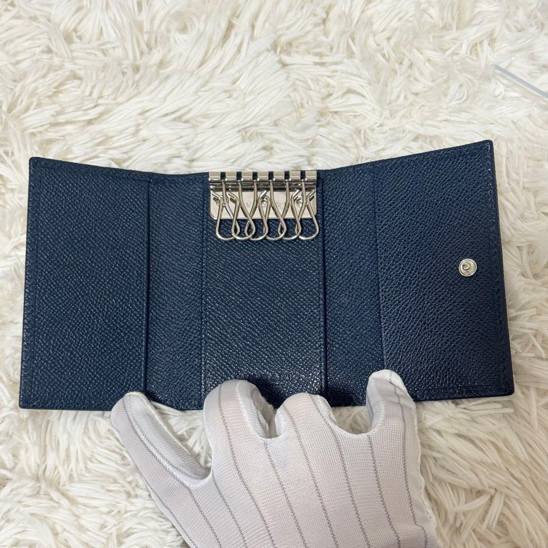 未使用級】IC搭載 ブルガリ マン グレインレザー 6連キーケース ネイビー