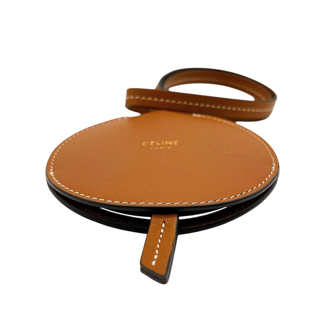 極美品 セリーヌ レザー ミラー 手鏡 茶 ブラウン 銀 シルバー ユニセックス