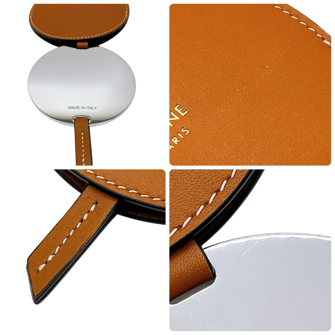 極美品 セリーヌ レザー ミラー 手鏡 茶 ブラウン 銀 シルバー ユニセックス