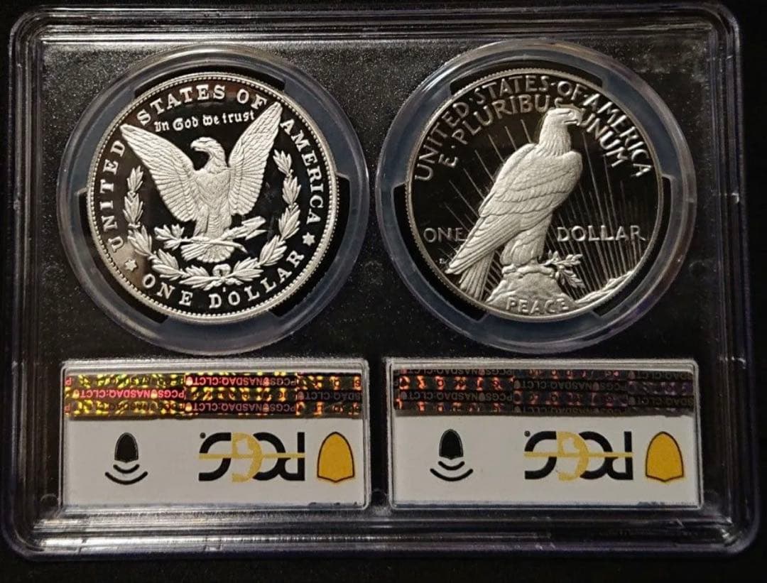 【初日鑑定】純銀　モルガンダラー　ピースダラー 2枚セット PR70 銀貨 初日鑑定】モルガンダラー ピースダラー 2枚セット PCGS PR70 銀貨