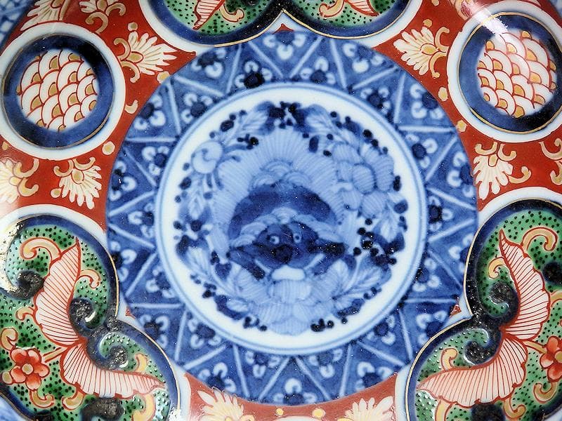 大聖寺伊万里 花に唐獅子 丸紋に金唐草の図 膾皿 5客