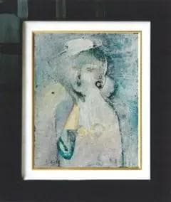 油絵 菅家令子 絵 絵画インテリア額付(青緑＋金色の枠)uF6-071802女性