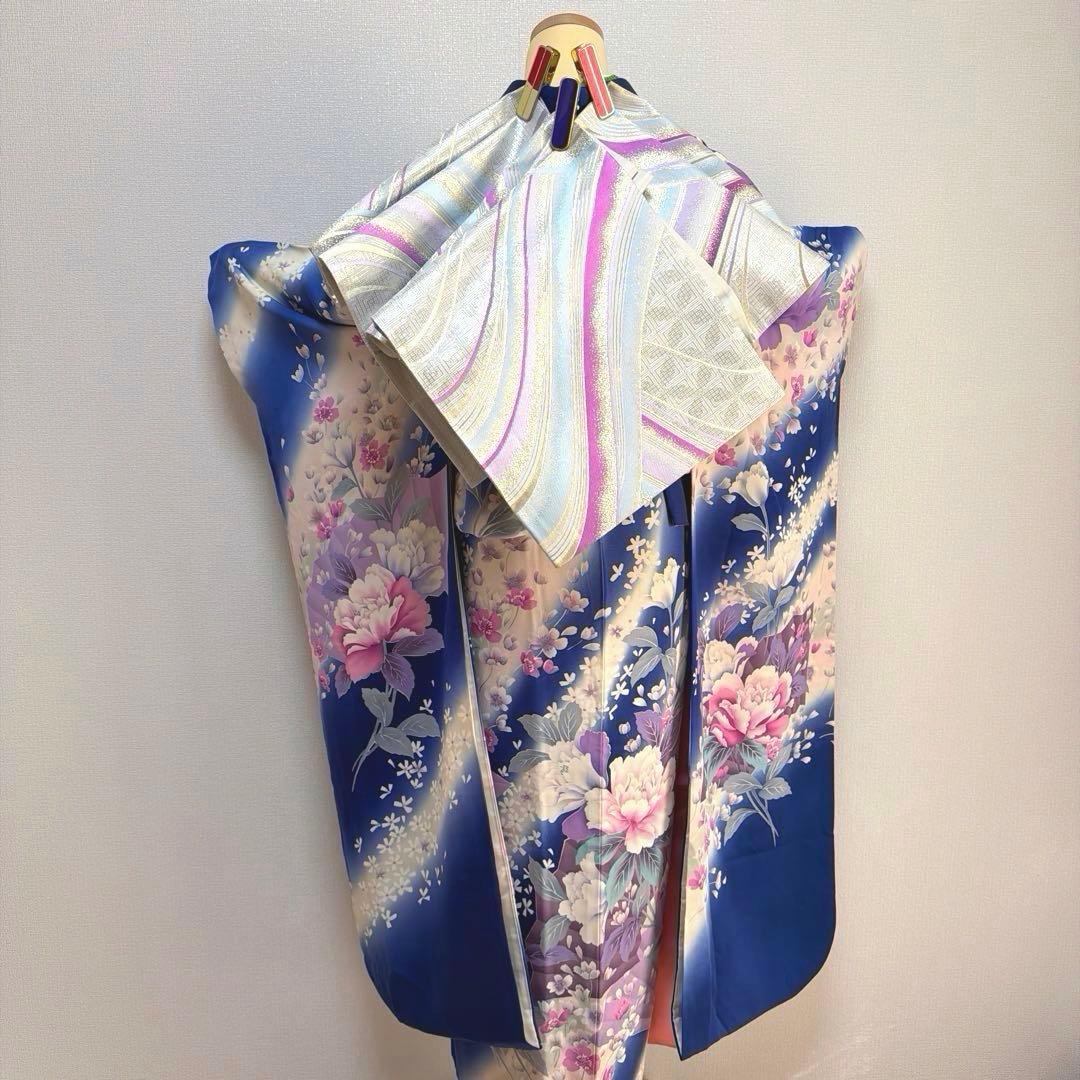 34 振袖フルセット 正絹 ブルー 青 紫 緑 銀彩 刺繍 暈し染め 華やか