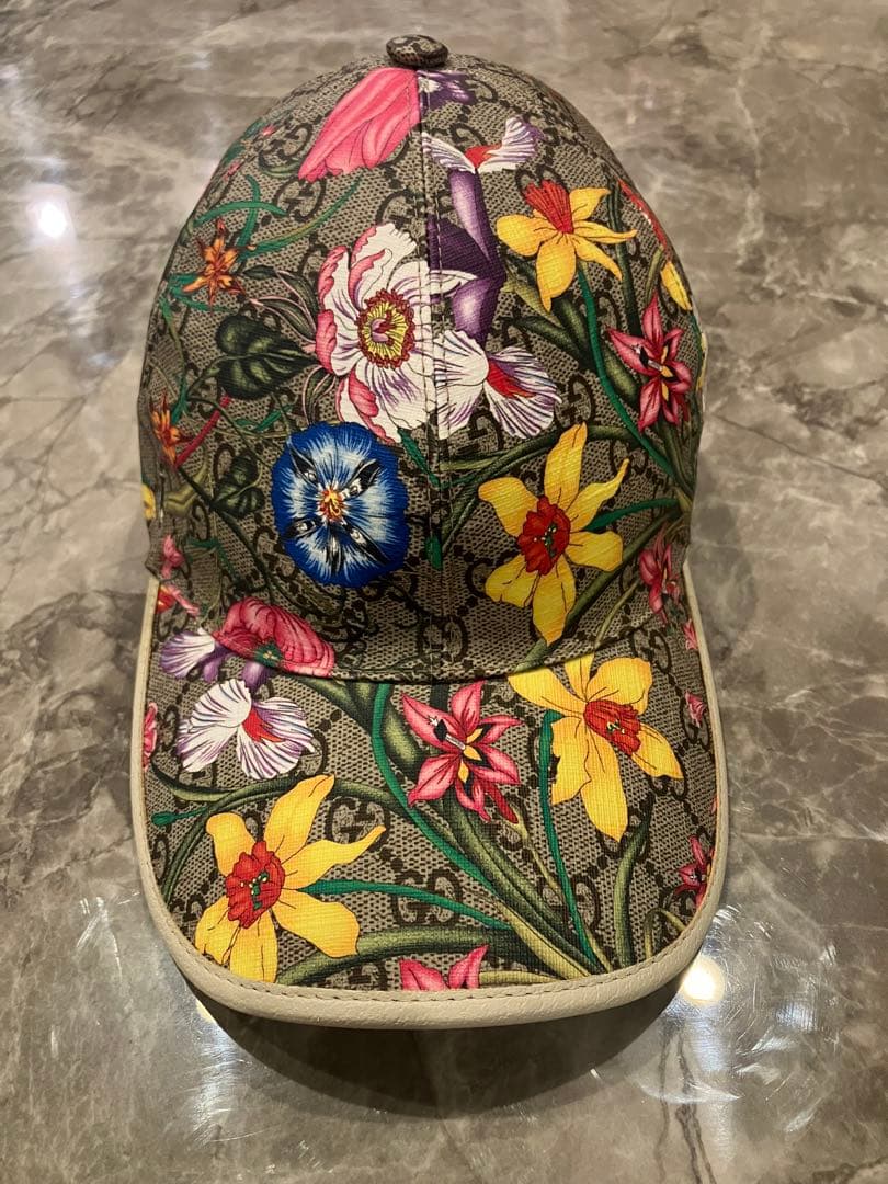 GUCCI 花柄 ベースボールキャップ 💎 GUCCI HAT JUMBO CANVAS GG BASEBALL WITH FLORAL EMBROIDERY