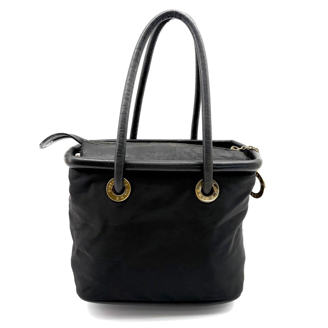 CELINE　ハンドバック　黒　ナイロン　サークル金具　スクエア　レザー