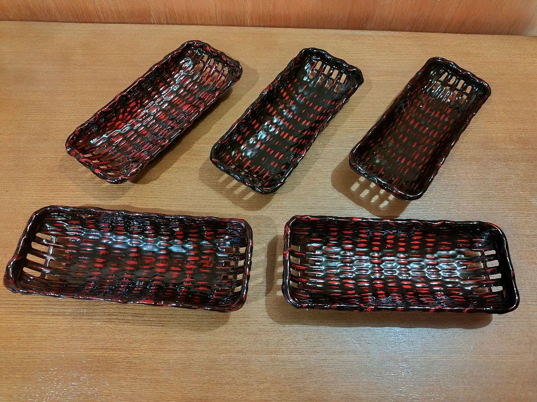 籃胎漆器 お盆 果物籠菓子器 茶托 5枚 おしぼり受け 5個 計12