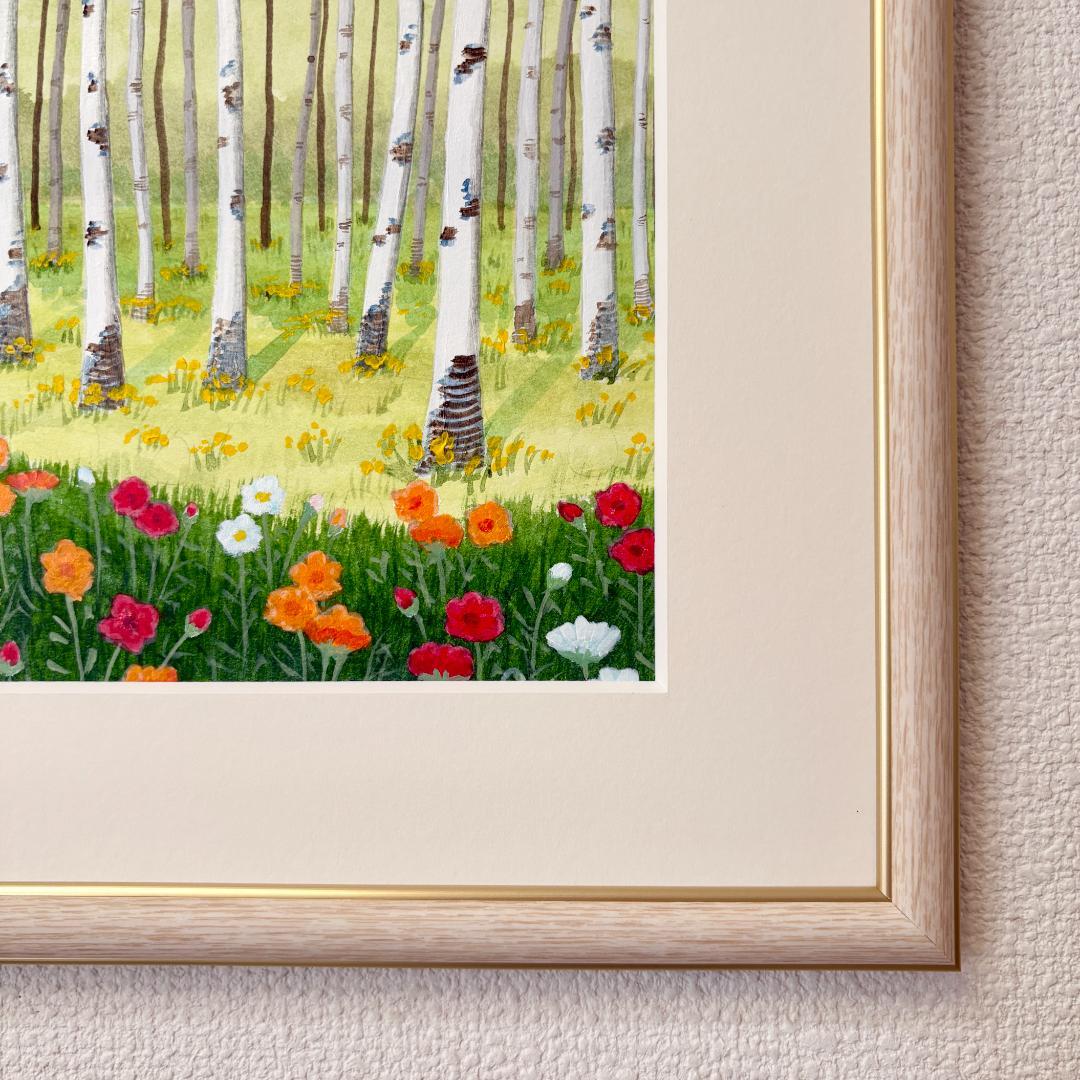 アクリル画　原画　「白樺林02」額縁付き　SMサイズ　風景画