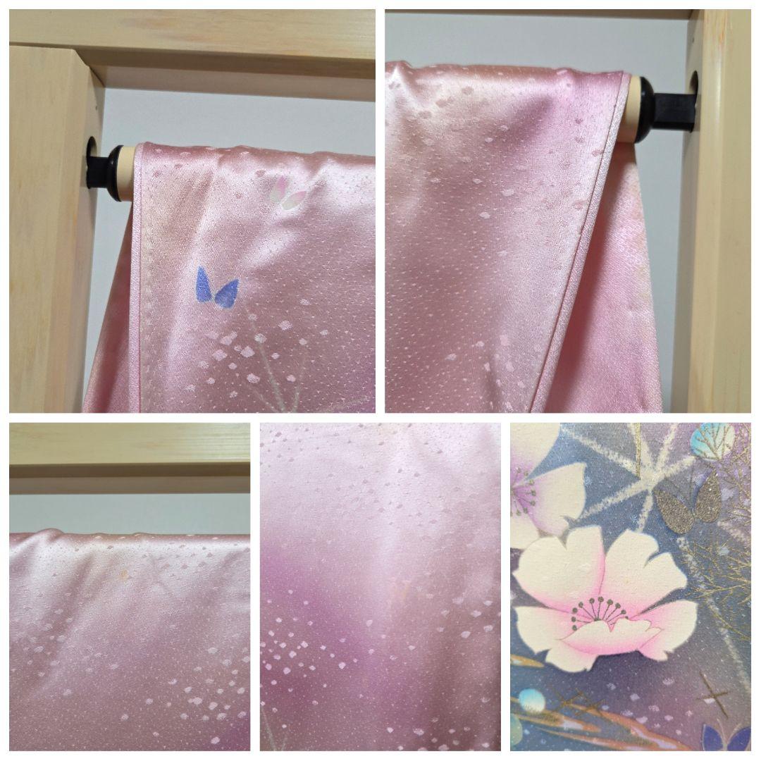 B◇着物くつろぎ かわいい花模様 銀彩 キラキラ 袷 正絹 成人式 振袖 着物