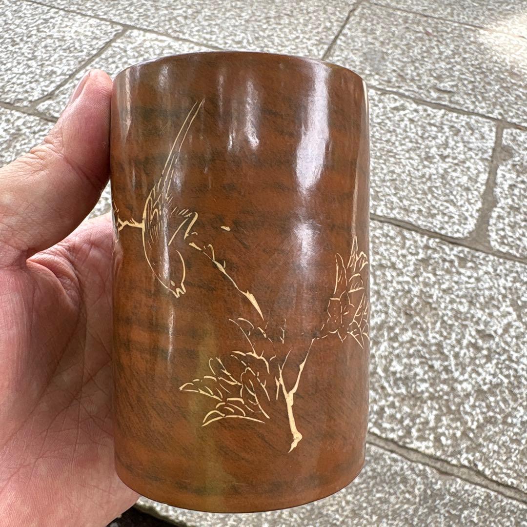 中国钦州 筆筒　文房具　落款あり 鳳】中国古玩 中国美術 時大彬 山雲刻 朱泥 漢詩 筆筒 検：