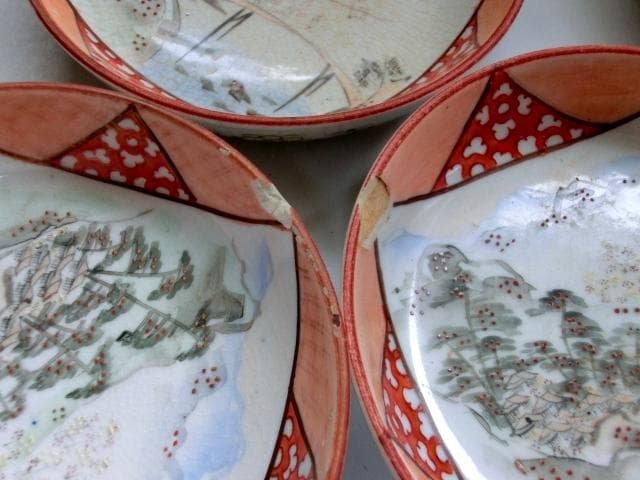 小皿□古九谷焼き 赤絵 19枚 窓絵 山水 松 梅(江戸後期～明治