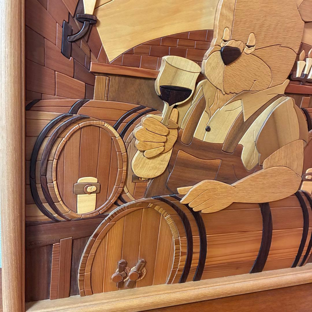 美品 【あさのたかを】木製 組木絵 タイルアート 大型木版画 くま ワインセラー