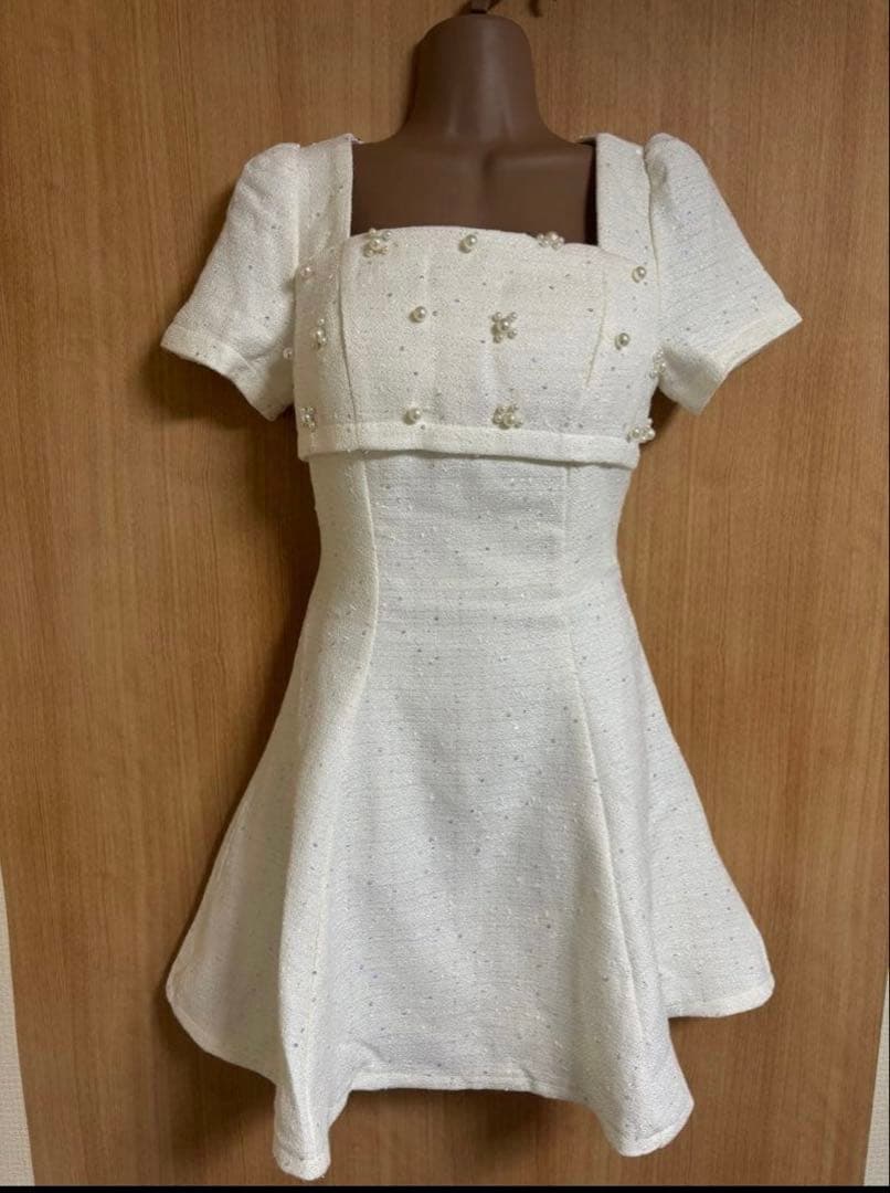 スクエアネック✖️パール付ツイードフレアドレスL