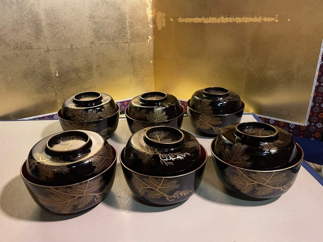 美品　輪島塗 寿松沈金 煮物椀 6客 雑煮椀/大椀/平椀/麺椀/丼椀 漆器