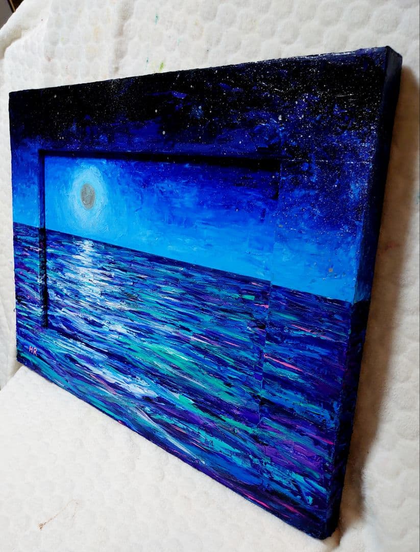 油絵 絵画 【月の夜海】【木製】