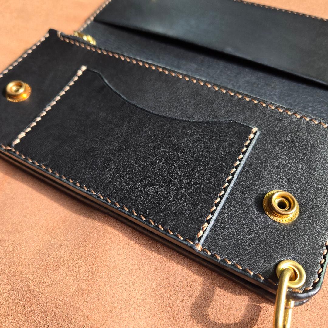 146ロング　トラッカーウォレット 国産ヌメ革【ブラック】