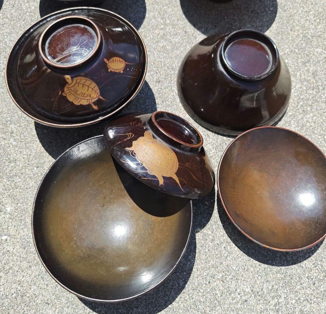 塗物　吸物椀　蓋付　亀模様　黒✕茶　10個