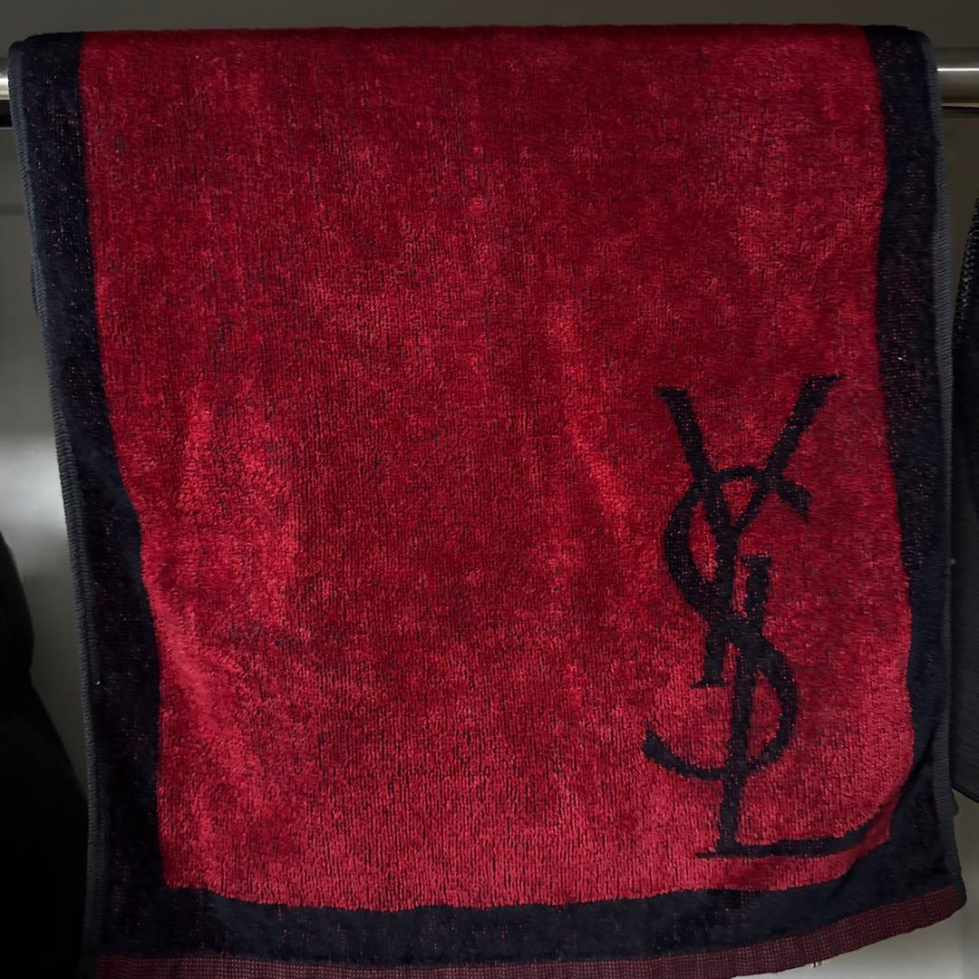 YSL 赤 フェイスタオルサンローランタオル 未使用 YSL イヴサンローラン タオル 約37×102cm ロゴ柄 レッド 赤系