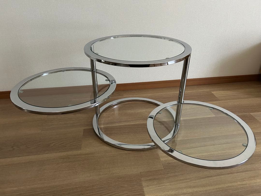 ミッドセンチュリー北欧ラウンドテーブル3段ガラススライドテーブル