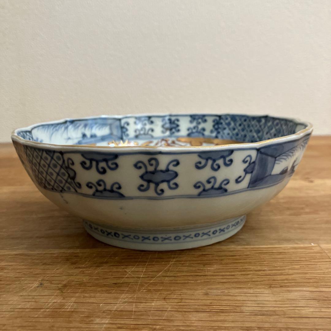 古伊万里 江戸中期色絵金彩染付 なます皿 花リム鉢 古道具 アンティーク 骨董