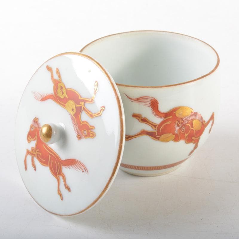 九谷焼 赤絵金彩 双馬文 蓋付煎茶碗 蓋碗 五客 C 5588