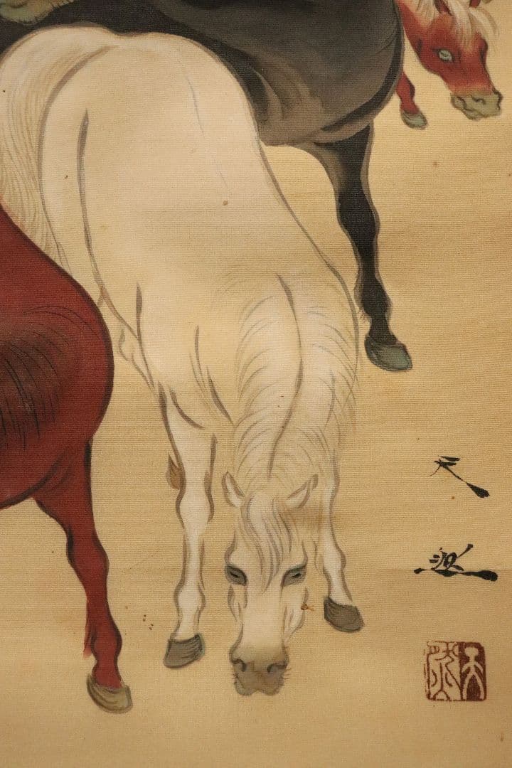 孤高の日本画家　妹尾天然　肉筆「百馬図」絹本　共箱　掛軸